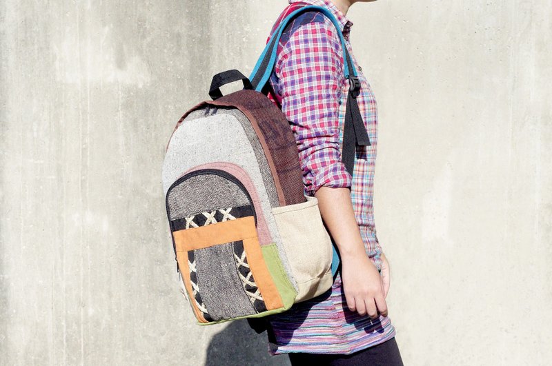 限量手工拼接设计后背包 / 肩背包 / BOHO登山包 - 交叉棉麻线设计拼色包 ( 限量一件 ) - 后背包/双肩包 - 棉．麻 多色