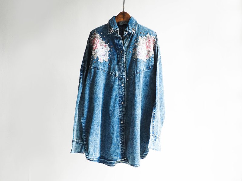 河水山 - 佐贺春季艳花百发盛宴 丹宁古董衬衫外套 古着 中性 shirt oversize vintage - 女装衬衫 - 棉．麻 蓝色