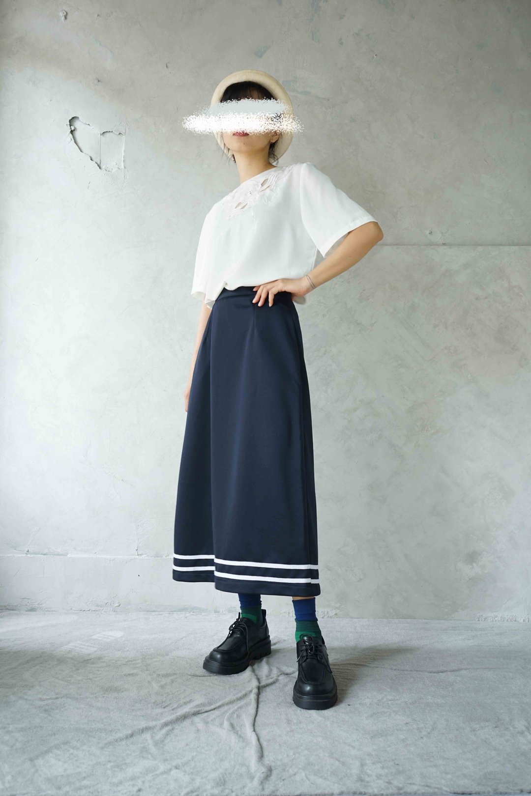 设计手作 - 日系深蓝水手服 A 字长裙 - 裙子 - 聚酯纤维 蓝色