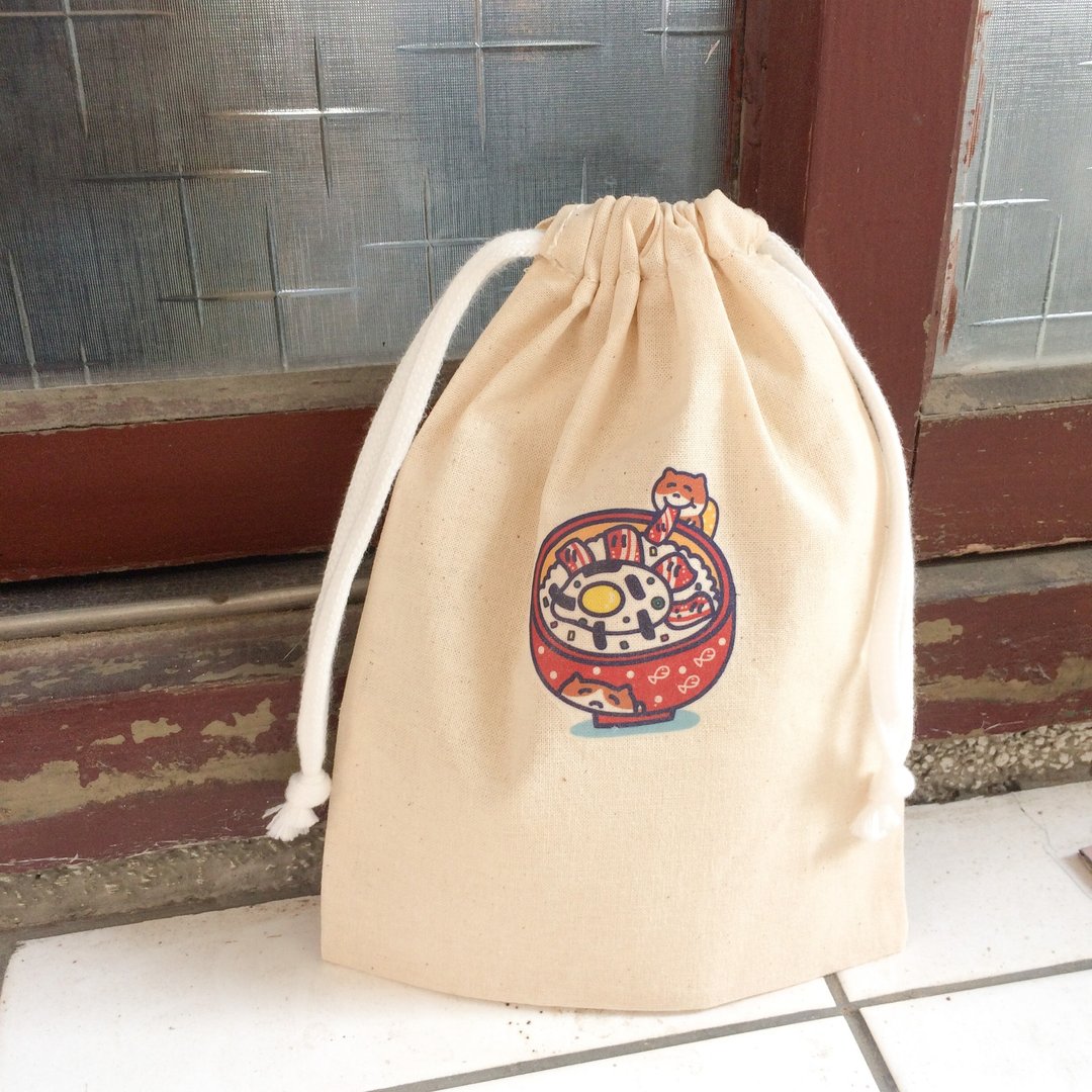 井饭猫の日常 猫帆布束口袋 手工印制 Drawstring bag - 化妆包/杂物包 - 棉 