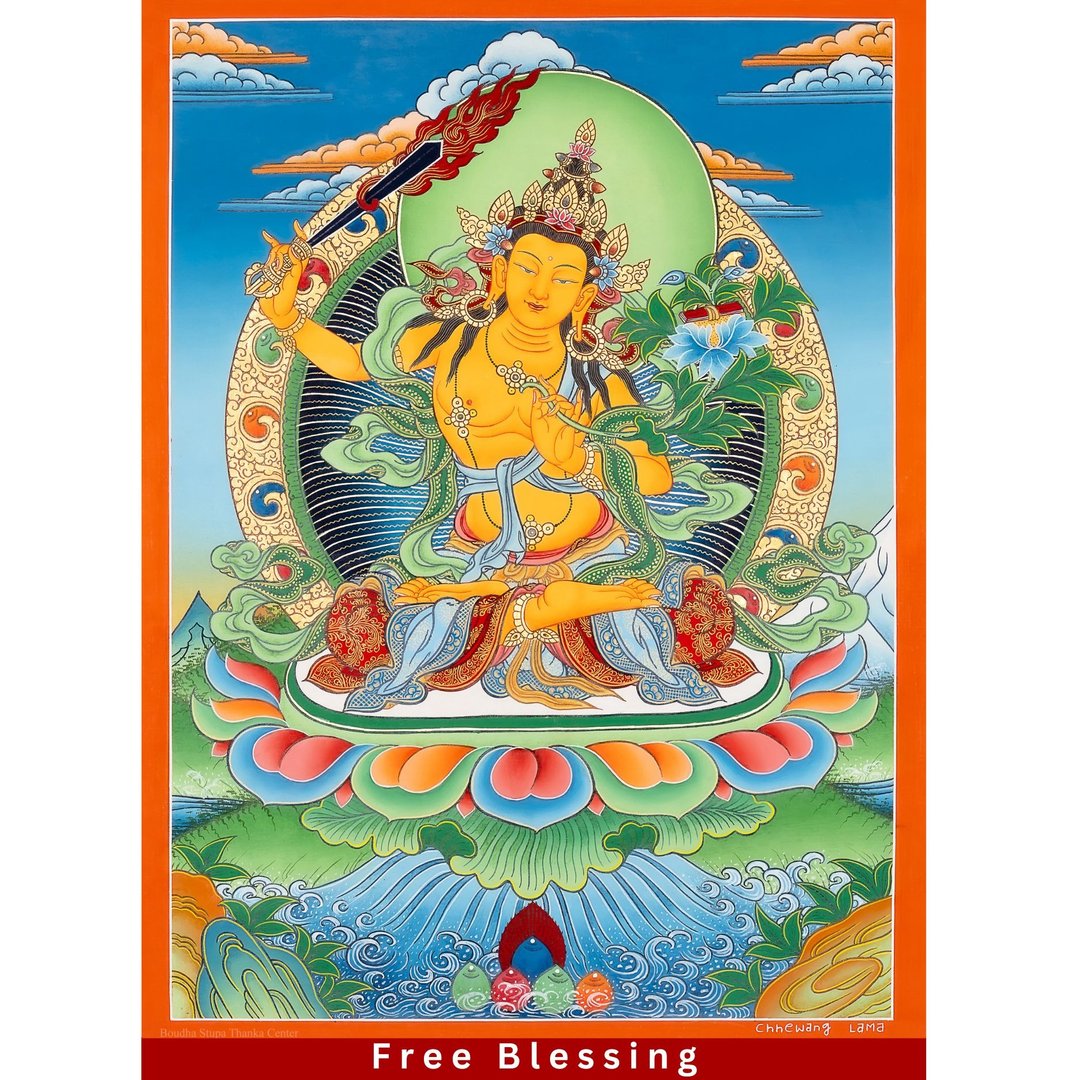 文殊菩萨唐卡 – 藏传智慧与清晰的佛陀 - 墙贴/壁贴 - 其他材质 多色