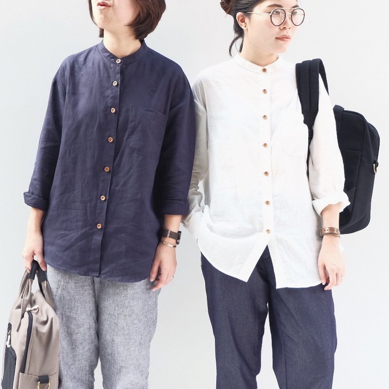 Pin mandarin shirt : navy - 女装上衣 - 棉．麻 蓝色