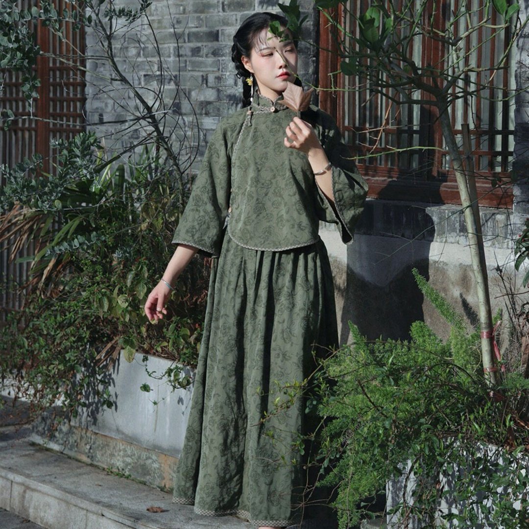 綠蔭濃棉麻倒大袖 / 全開襟綠色上衣 / 民國復古顯高款 - 裙子 - 棉 绿色