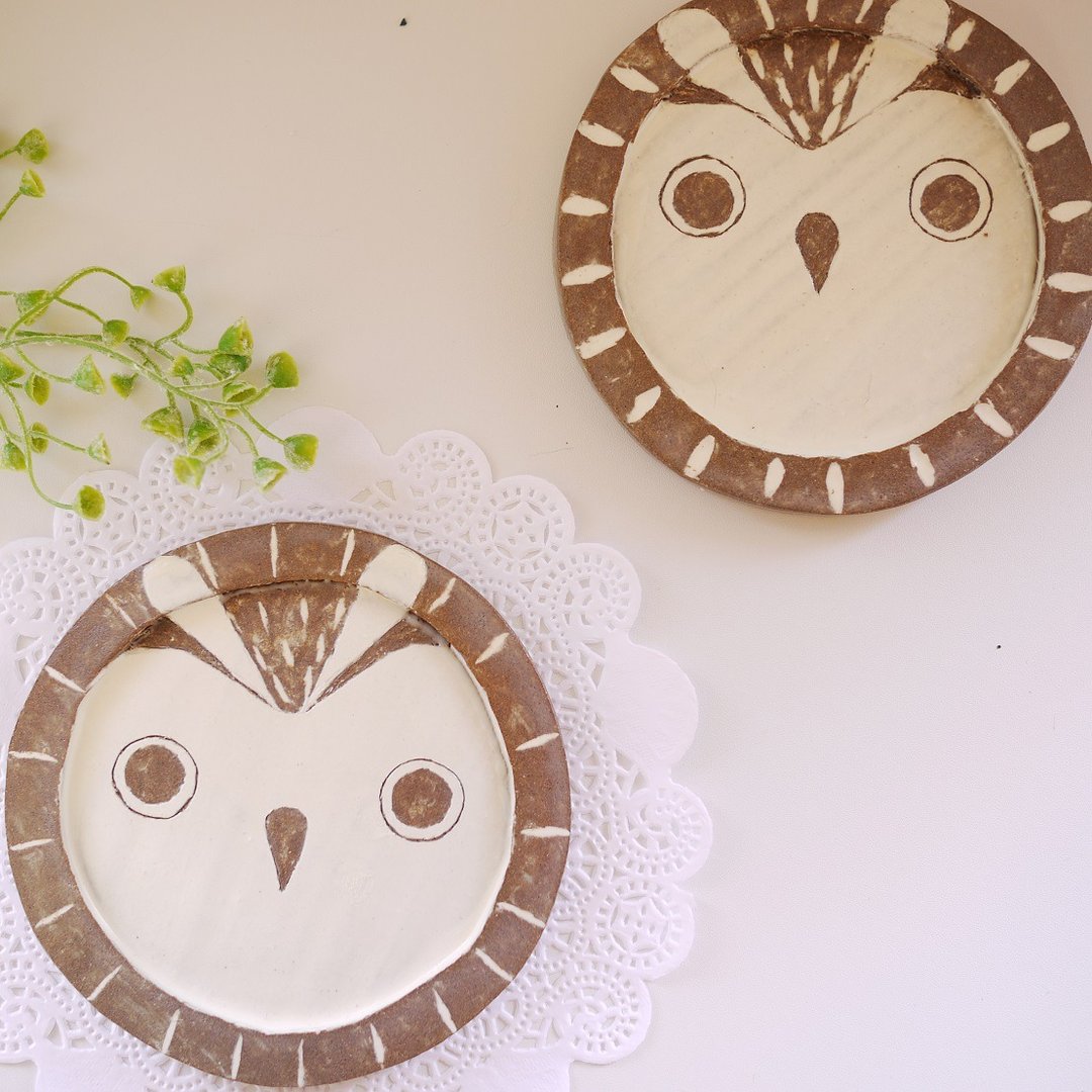 Animal dish 【Owl】 - 盘子/餐盘/盘架 - 陶 咖啡色