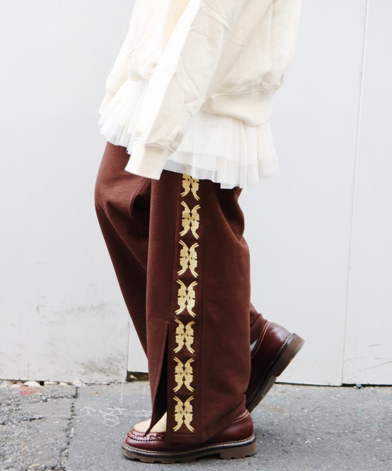 lucky charm motif Jersey line pants -2 - 中性裤装 - 棉 咖啡色