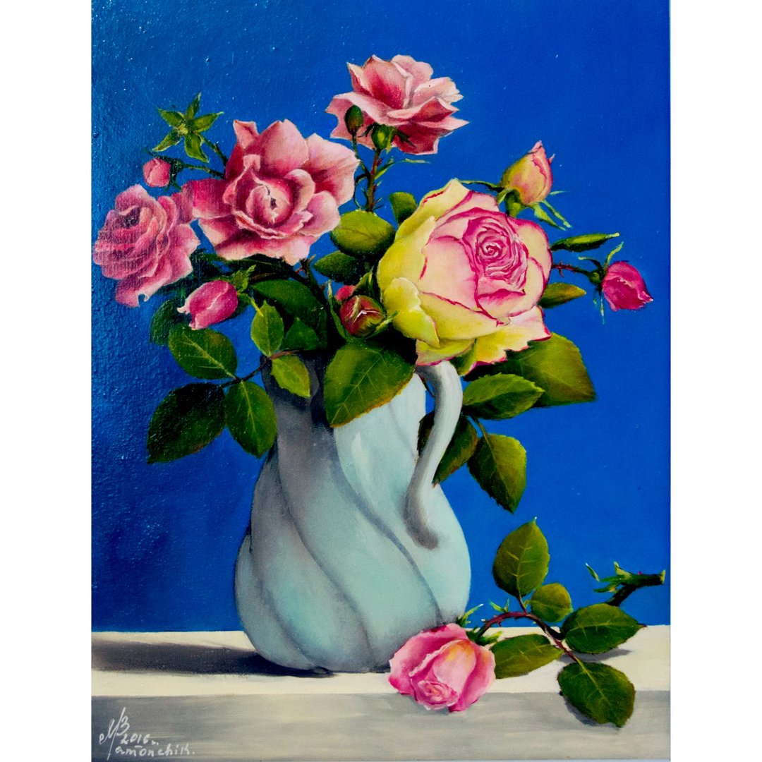 原始油画粉红色玫瑰在花瓶画在画布上花卉墙艺术 - 海报/装饰画/版画 - 其他材质 多色
