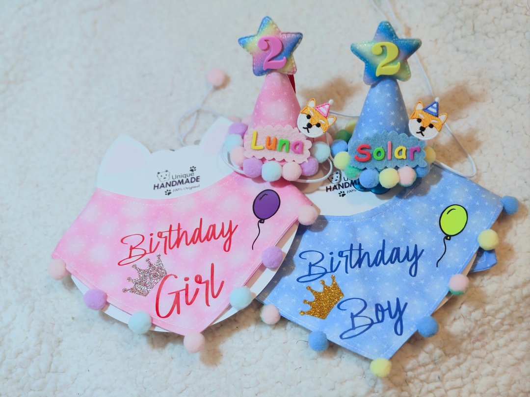 宠物生日帽 + 生日围巾组合 猫犬适用 可双面用 - 衣/帽 - 棉 粉红色