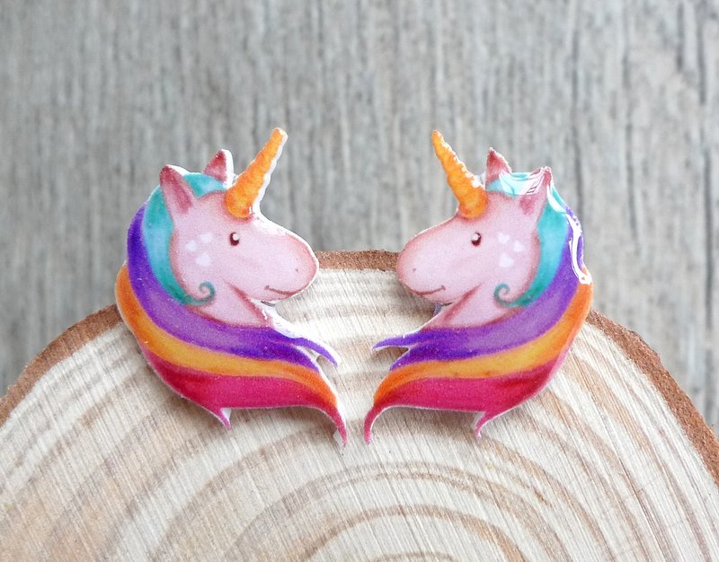 Misssheep-U64-彩虹色独角兽 水彩手绘童话风 独角兽 (耳针 / 透明耳夹) 一对 - 耳环/耳夹 - 塑料 