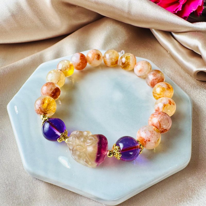 灵光指引 萤石貔貅 奶盖黄水晶 紫水晶 财运与灵性平衡 保护 招财 - 手链/手环 - 水晶 黄色