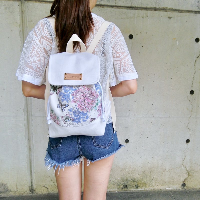 当手绘花儿遇上白后背包/赠送免费打印名字皮标 - 后背包/双肩包 - 棉．麻 白色