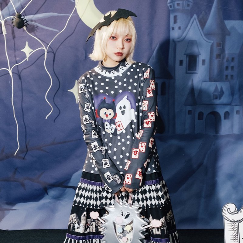 Meugler牛稠岛 德古拉幸福一天 德古拉幽灵打牌打底衫 舒适长袖衫 - 女装上衣 - 聚酯纤维 多色