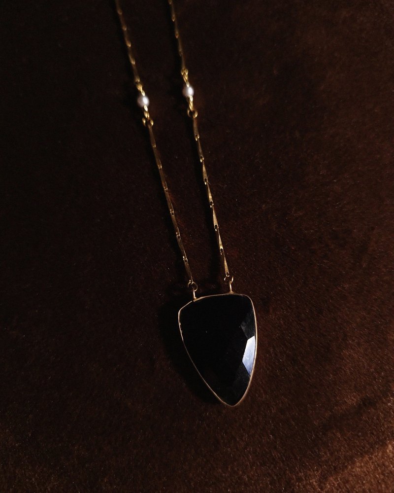 镶嵌黑玛瑙长项链 - 灰珍珠【孤品】 - 项链 - 铜/黄铜 金色