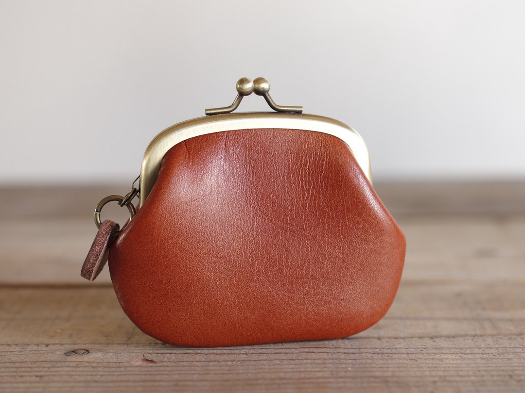 Leather Clasp Coin Case Light Brown - 零钱包 - 真皮 咖啡色