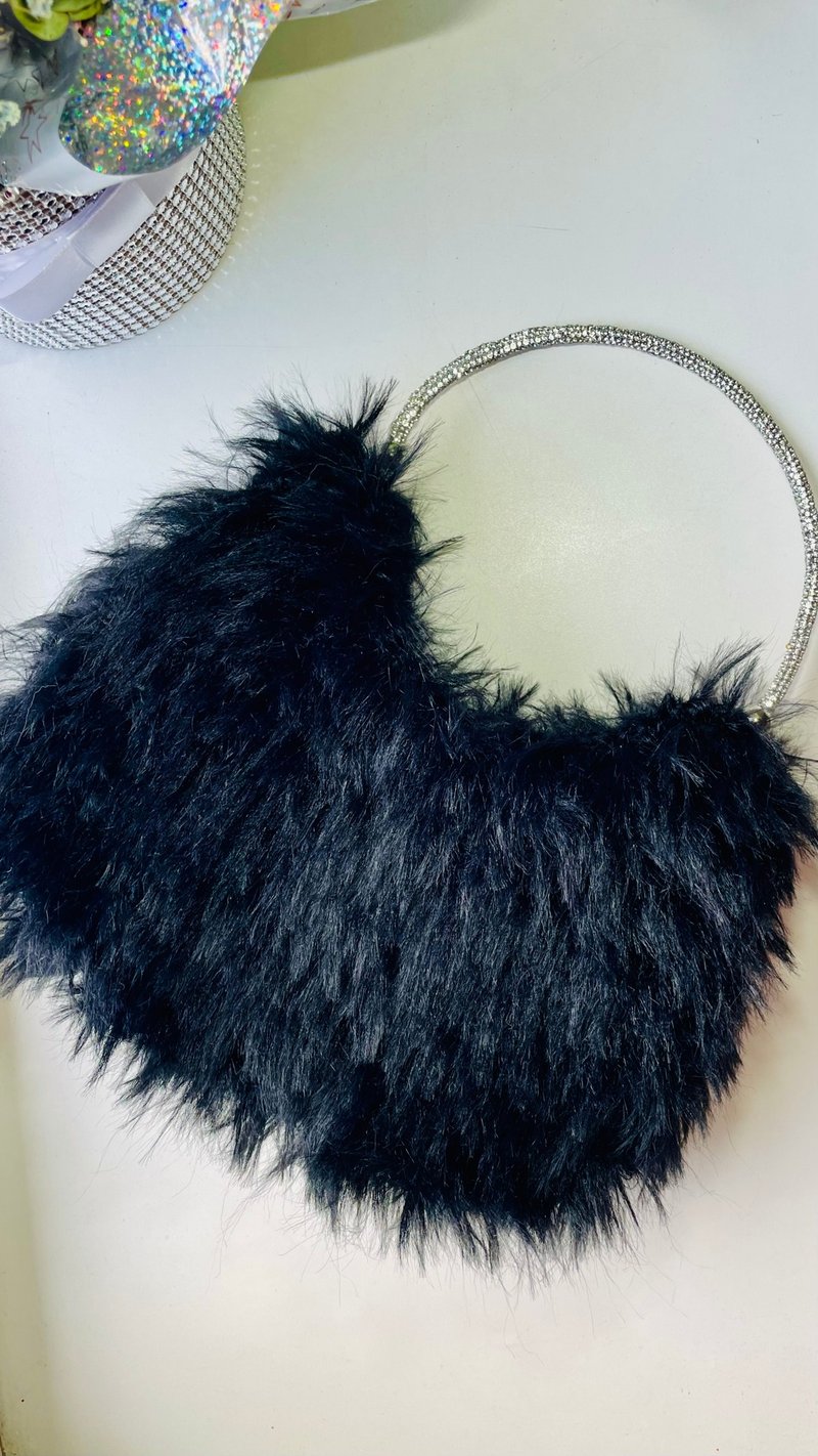 蓬松手工帆布包, 毛绒包, 手工黑色包, 迷你托特包 - 手提包/手提袋 - 聚酯纤维 黑色