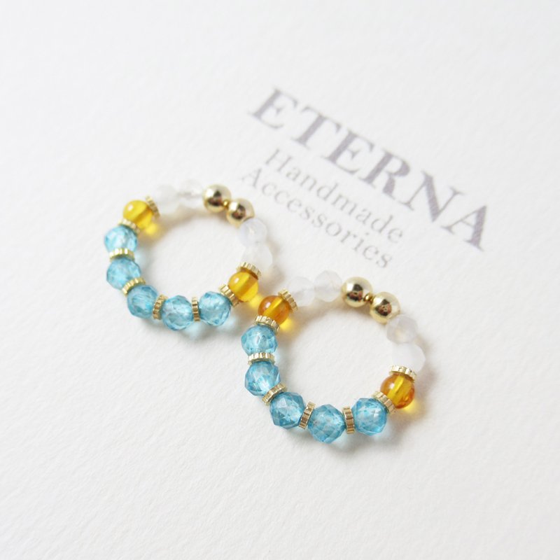 蓝色托帕石、琥珀与月光石圈形耳环，耳夹式 - 耳环/耳夹 - 石头 蓝色