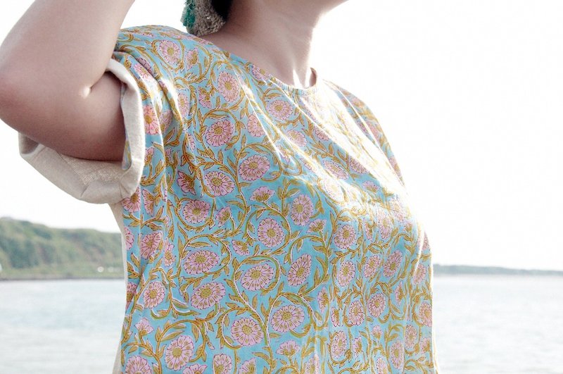 情人节礼物 女装春夏服装 木刻印纯棉上衣 印度棉上衣 手织布宽版上衣 blockprint宽版上衣 舒适棉-欧洲花朵藤蔓 - 女装上衣 - 棉．麻 多色