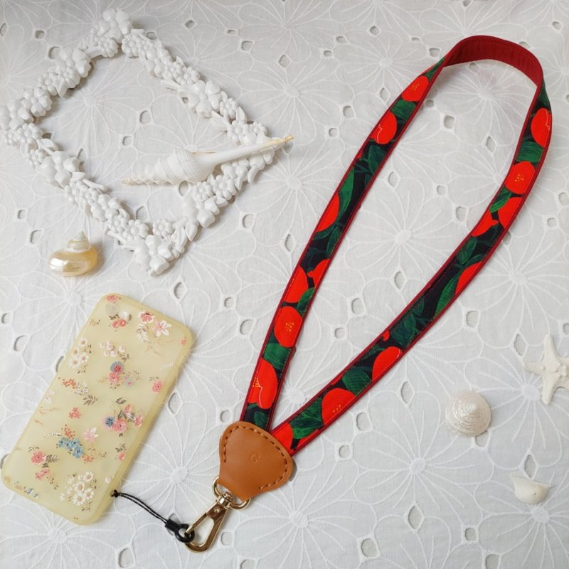 红色系Y型减压双色韩国花布真皮手机颈挂绳 - 挂绳/吊绳 - 棉．麻 红色