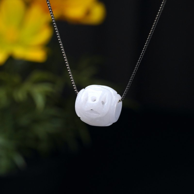 【万事亨通】冰种翡翠雕花路路通项链 | 天然缅甸翡翠A货 | 送礼 - 吊饰 - 玉石 白色