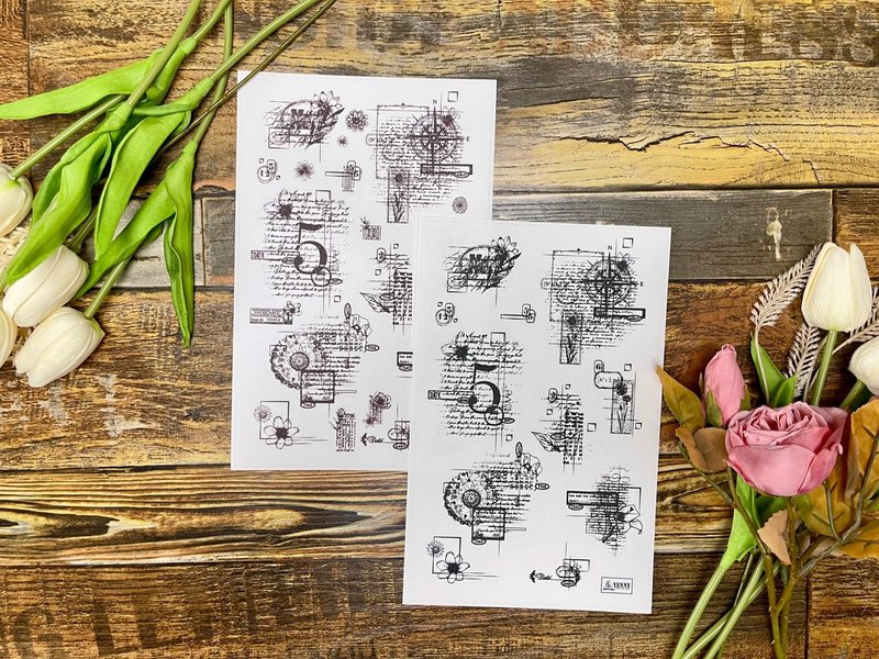 （雾面透明贴纸）复古线条印章2 种，3 件套 - 贴纸 - 防水材质 多色