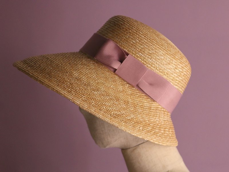 Wide Brim Straw Hat Cecil with Dusty Pink Ribbon - 帽子 - 植物．花 粉红色