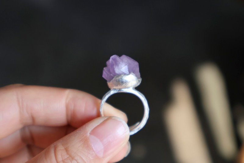 原创设计手作孤品 纯银紫水晶原石开口戒指 - 戒指 - 水晶 紫色