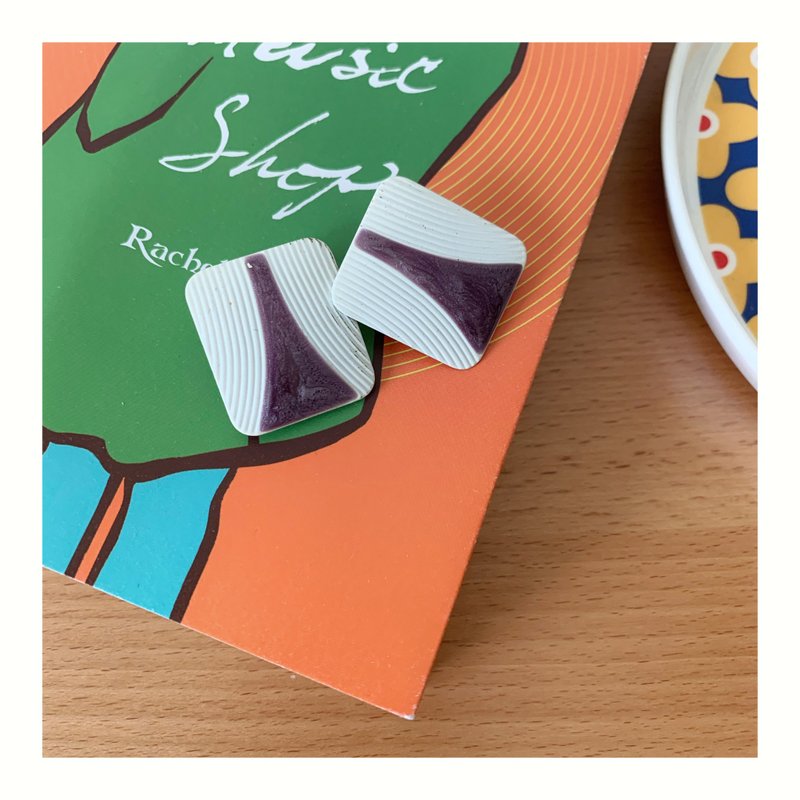 Vintage Retro英国 珐琅 紫白拼色 针式耳环 西洋古董 祖母珠宝 - 耳环/耳夹 - 珐琅 白色