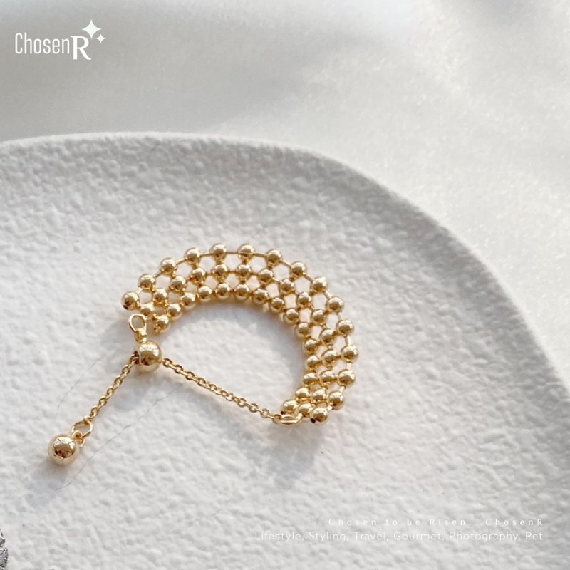 三层金色豆豆 链戒/软戒指 可调大小 - 戒指 - 铜/黄铜 金色