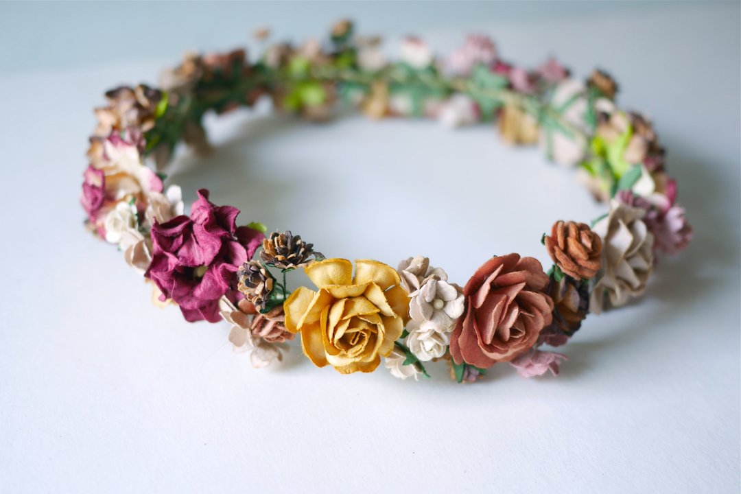 Paper Flower, Crown, Headband, Wedding, Autumn tone: dark brown, brown , red wine, rusty, yellow and ivory Color. - 发饰 - 纸 咖啡色