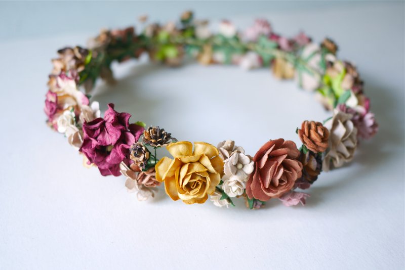 Paper Flower, Crown, Headband, Wedding, Autumn tone: dark brown, brown , red wine, rusty, yellow and ivory Color. - 发饰 - 纸 咖啡色
