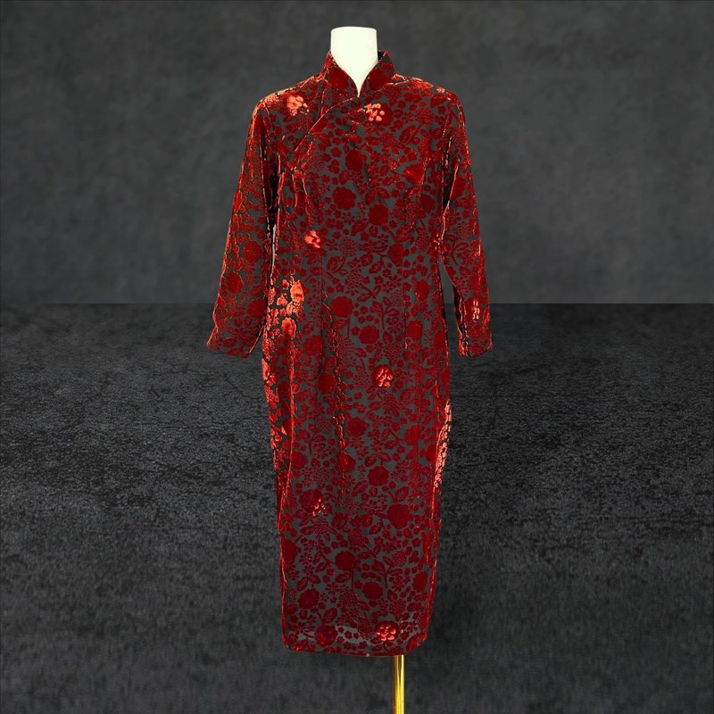 二手 黑橘红配色 织纹绒 古董订制 长袖 旗袍 PF721 - 洋装/连衣裙 - 聚酯纤维 红色