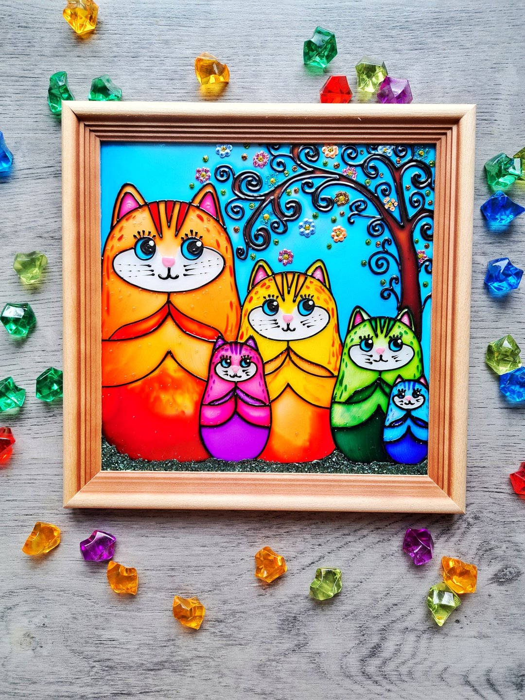 彩虹猫原彩色玻璃画猫家庭马特里奥什卡墙挂 - 墙贴/壁贴 - 玻璃 多色