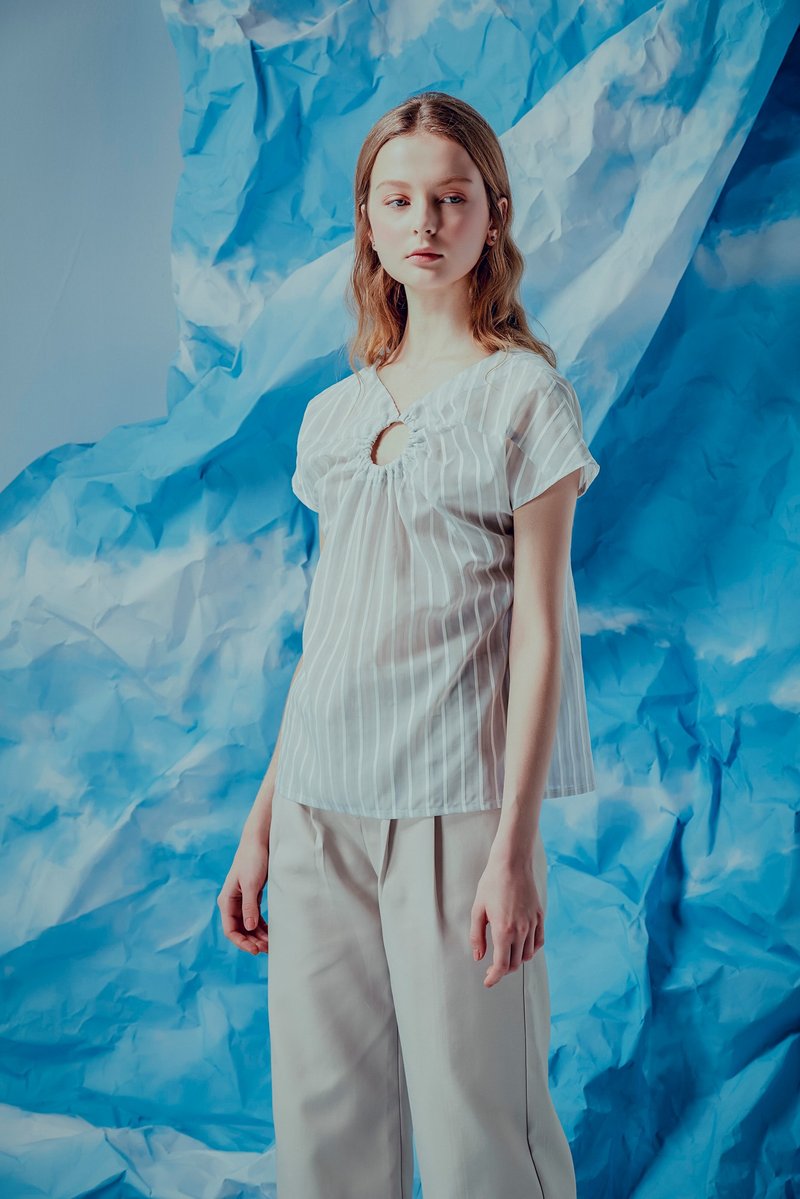 灰白条纹压环上衣 - 女装上衣 - 棉．麻 灰色