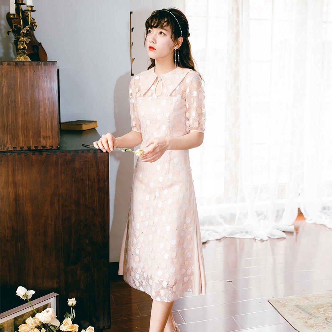 【薄款】安妮陈2019女夏季穿搭蕾丝拼接连身裙洋装9201 - 洋装/连衣裙 - 其他材质 卡其色