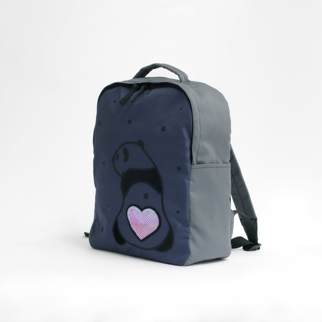 Looking back panda embroidery, rucksack - 后背包/双肩包 - 尼龙 灰色