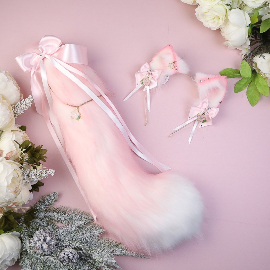 Sakura Kitten Ears and Tail Set Faux Fur Ears and Tail Set - 发饰 - 其他人造纤维 粉红色