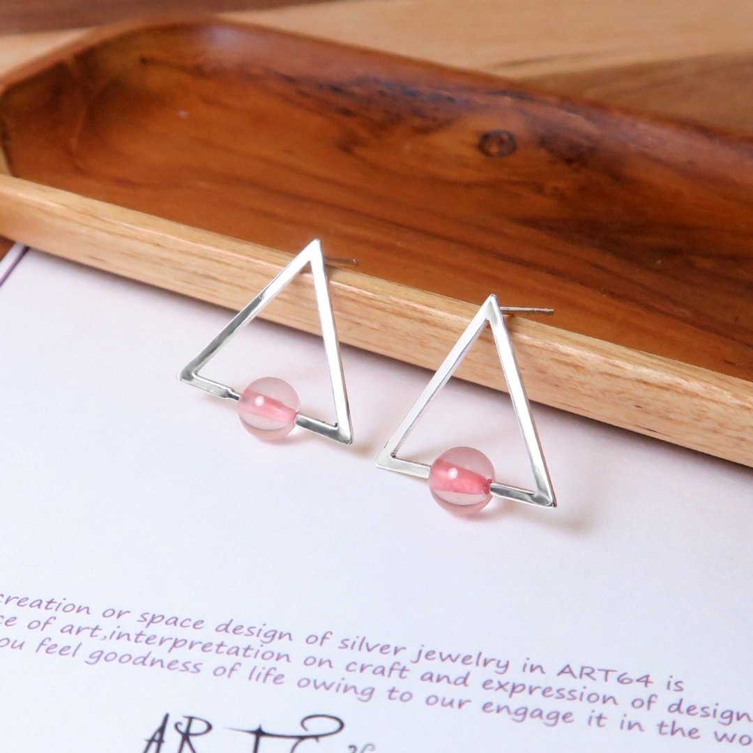 粉晶 三角镶石耳针-925纯银天然石耳环 - 耳环/耳夹 - 纯银 银色