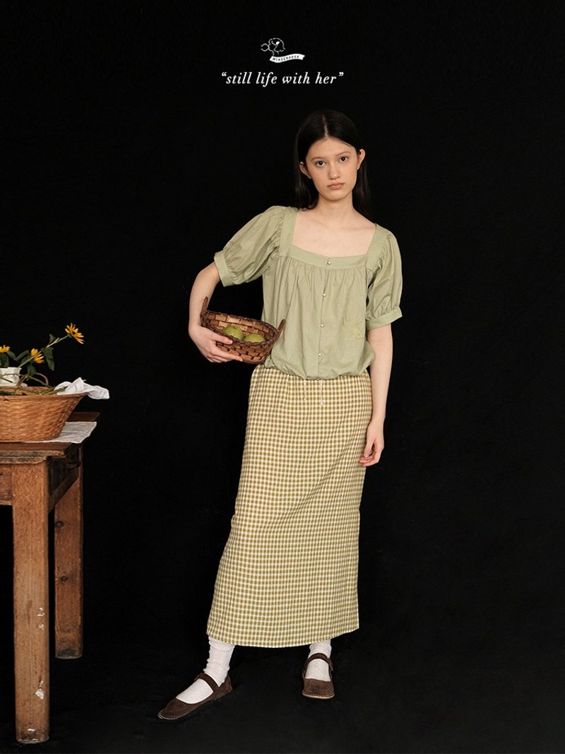 MintCheese  方领刺绣棉麻上衣/开衫 山葵绿/棉白 - 女装上衣 - 棉．麻 多色