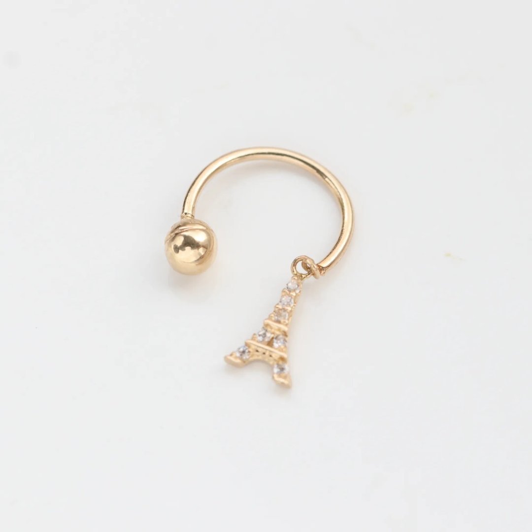 14K C型艾菲尔铁塔钻锁珠耳环_KPE2767 _(单个)  耳骨 耳窝 不退 - 耳环/耳夹 - 贵金属 金色