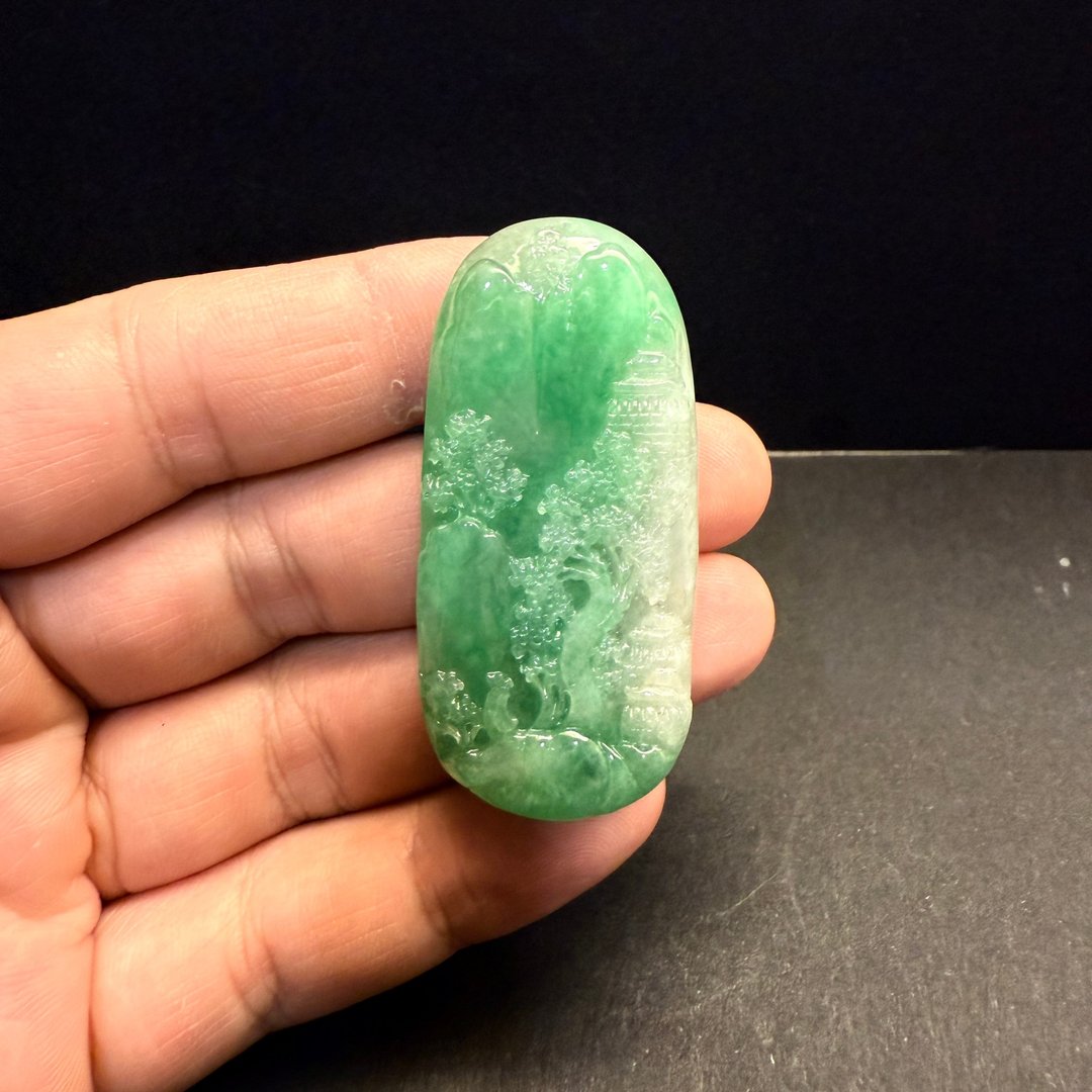 瀚玉珠宝 天然缅甸玉 满绿山水牌 种好色鲜 雕工精巧 天然A货翡翠 - 其他 - 玉石 