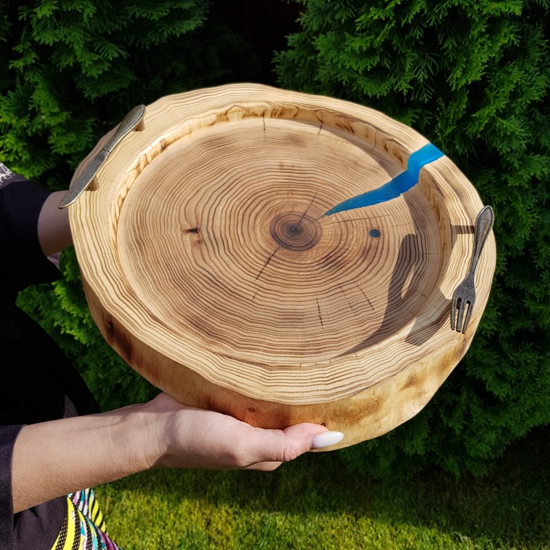 用于服务肉类烤肉串牛排烧烤的菜托盘灰木 - 盘子/餐盘/盘架 - 木头 蓝色