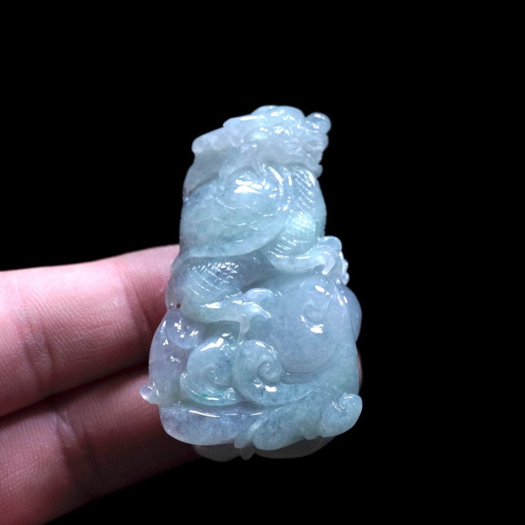 冰种翡翠精雕龙龟 | 天然缅甸玉翡翠A货 | 送礼 - 吊饰 - 玉石 