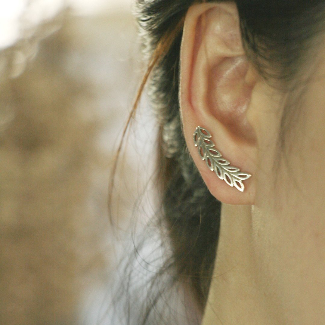 Long Leaf Earrings Sterling Silver olive Branches Ear Climber Cuff Sweep Handmad - 耳环/耳夹 - 纯银 银色