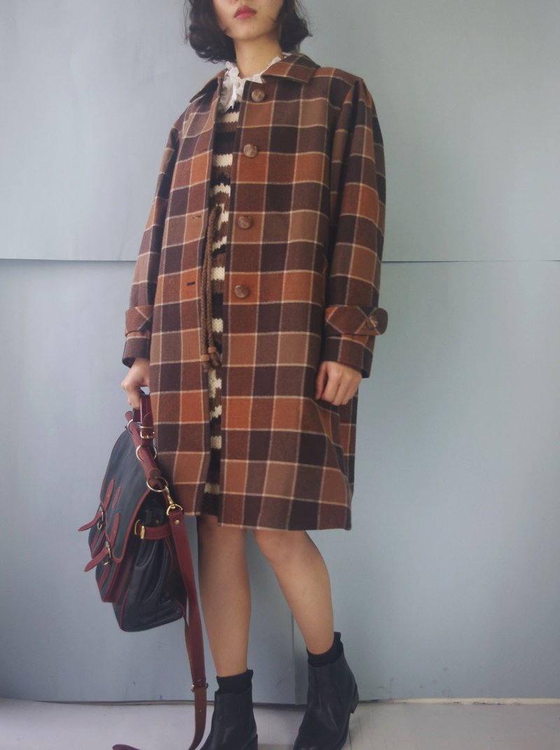 寻宝古着-森林系英伦复古咖啡格纹毛料大衣 - 女装休闲/机能外套 - 羊毛 咖啡色