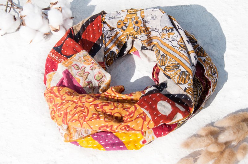 手缝纱丽布拼接丝巾/刺绣丝巾/刺绣围巾/手缝纱丽线丝巾-几何山丘 - 丝巾 - 棉．麻 多色