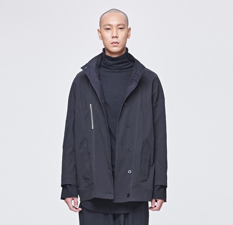 TRAN - 高领拉链外套 - 男装外套 - 棉．麻 黑色