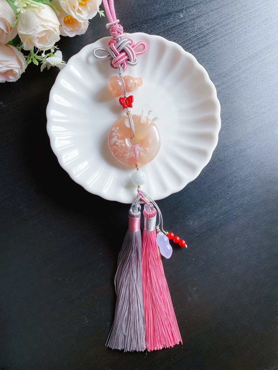 【售出】天然 樱花玛瑙 大平安扣 翡翠 葫芦 花生 朱砂 礼物 车挂 - 挂绳/吊绳 - 水晶 粉红色