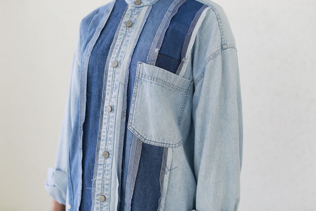 Denim patchwork 恤衫 - 女装上衣 - 棉 蓝色
