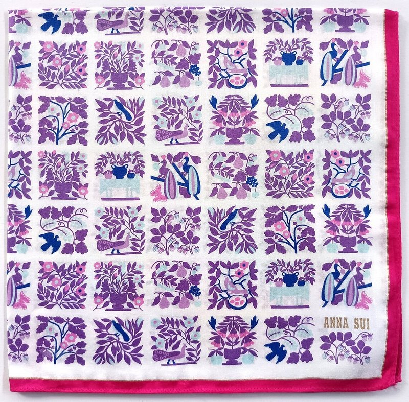 Anna Sui 复古手帕 – 方格鸟语花香 20 x 20 英寸 - 手帕/方巾 - 棉．麻 紫色