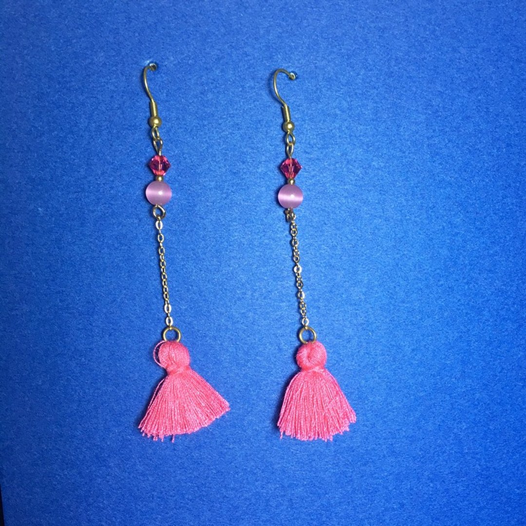 小蜜桃-桃红流苏耳环::可改夹式 Earrings / 一对 / 限量两副 / 垂钓黄铜耳环 / 礼物定制设计 - 耳环/耳夹 - 其他金属 粉红色