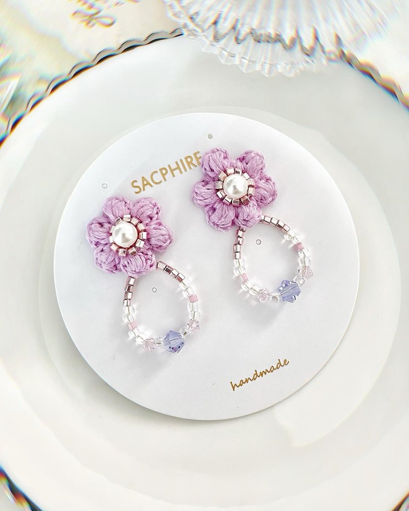 鈎织花耳环 梦幻 浪漫 异想天开 飘逸 快乐 迷人 - 耳环/耳夹 - 绣线 粉红色